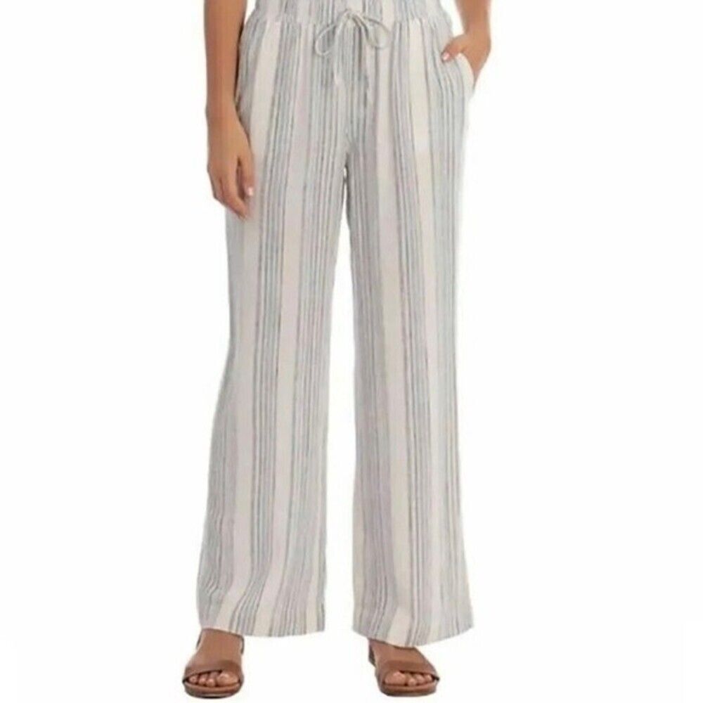 Briggs Women’s Linen White Blue Striped Pants Size Large